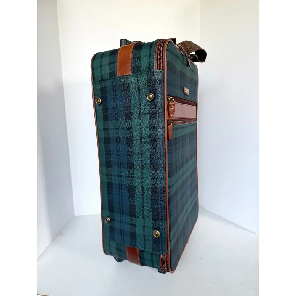 Polo Ralph Lauren Blackwatch Plaid Carry On Luggage Suitcase Leather Navy Green